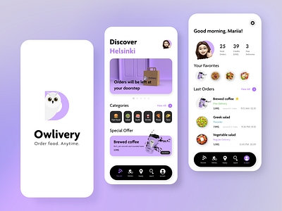 Food Delivery App UI/UX Concept - Owlivery v.2 3d model app app design coffee concept design food app food app ui food delivery app logo minimal minimalism owl owl illustration owl logo salad store design ui ux