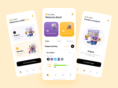 Project activity management - Mob App Design 3d activity app design blue branding dailyui dailyuichallenge design free icon illustration ios latest minimal mobile app modern project management ui ux yellow