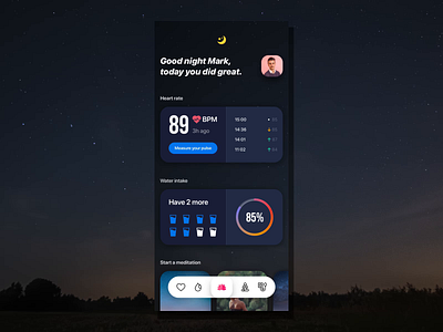 Wellness App Concept app care dark dashboard flat health hearth ios meditation minimal relax ui uiux wellness