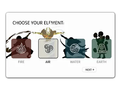 Daily UI 064 aang air avatar clean daily ui daily ui 064 daily ui 64 dailyuichallenge earth figma fire minimal nickelodeon select user type select user type ui the last airbender ui ux water zuko
