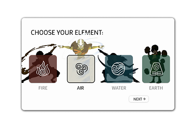 Daily UI 064 aang air avatar clean daily ui daily ui 064 daily ui 64 dailyuichallenge earth figma fire minimal nickelodeon select user type select user type ui the last airbender ui ux water zuko