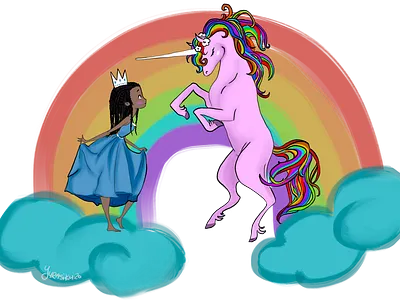 Magical Meeting child clouds design girl illustration princess rainbow unicorn
