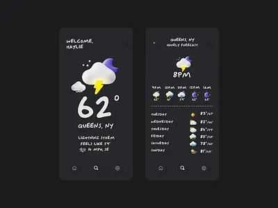 Dark Weather App 3d app dark design digital design dribbble flat minimal moon skeumorphic ui ux vector weather
