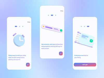 Time tracker | Onboarding carousel with 3D illustrations 3d 3d illustration animation carousel clay clay illustration gradient mobile app morflax motion graphics onboarding pastel time tracker ui uxui design
