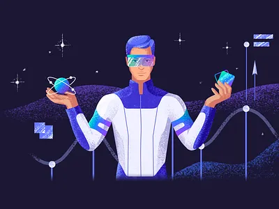 Main Character Illustration branding character cyberpunk futuristic grain texture illustration networking spaceman statistics ui uiux