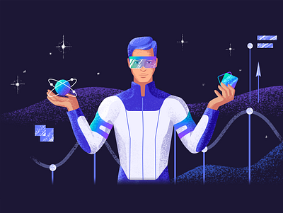 Main Character Illustration branding character cyberpunk futuristic grain texture illustration networking spaceman statistics ui uiux