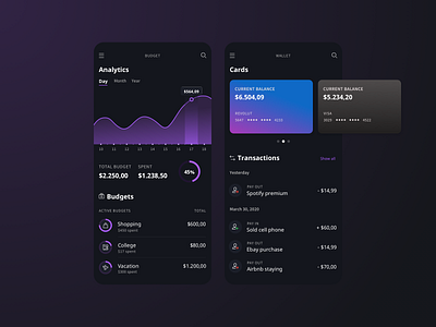 Balance Project - WALLET balance bank budget card clean dark mode design finance graph interaction pay slide stats ui uiux wallet