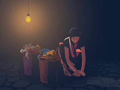 Life in Shadows broken bucket bulb character clothes debut design dirty floor hand hard work illustration light low key night sad socks wash washing woman