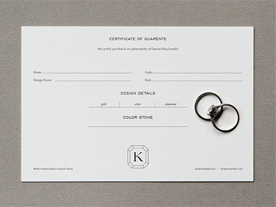 Osman Kılıç Jewelry Certificate brand identity branding card design certificate design editorial emblem graphic design identity jewelry branding jewelry certificate jewelry logo layout design logotype minimal monogram print design typography