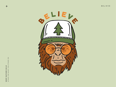 Squatch Believe 70s believe bigfoot character forest green hat illustration nature nature illustration sasquatch squatch tree wild