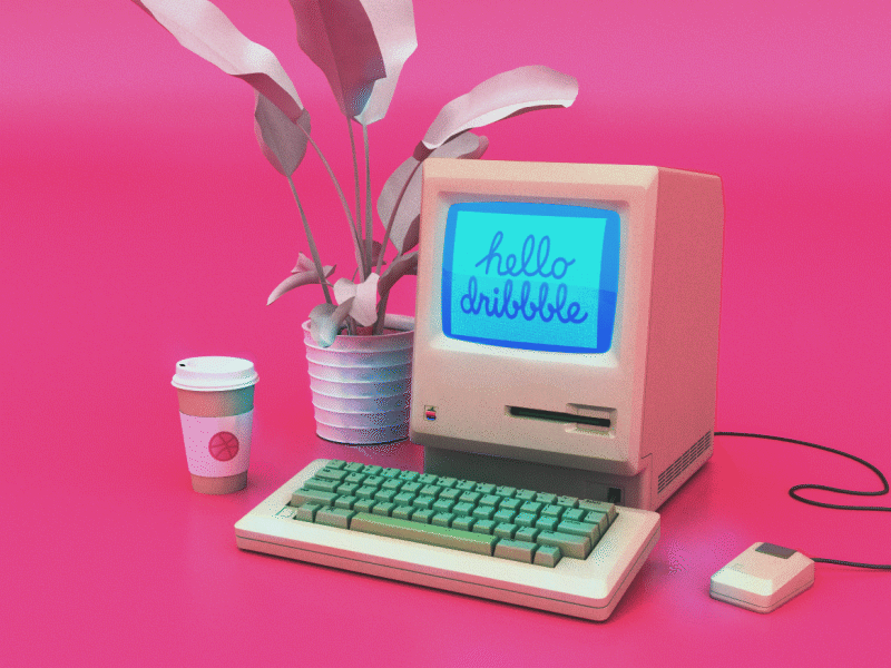 Hello dribbble 3d 3d illustration 80s animation apple apple macintosh c4d debut desktop first shot gif gif animated illustration mac os retro vintage pc workspace