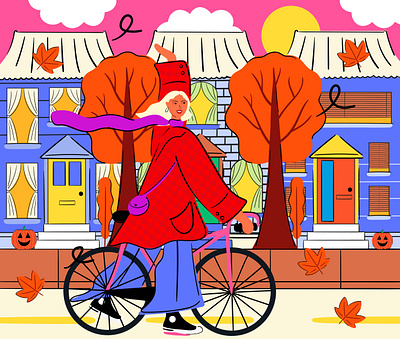 Autumn Breeze autumn character illustration colour colourful cycling fall fashion illustration house illustration illustration illustration art illustrator vector vectorart