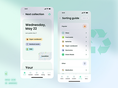 Recycle app cecycling clean concept garbage green green product interface minimal mobile app mvp product recycle app sensorydigital sorting guide ui ux waste waste sorting