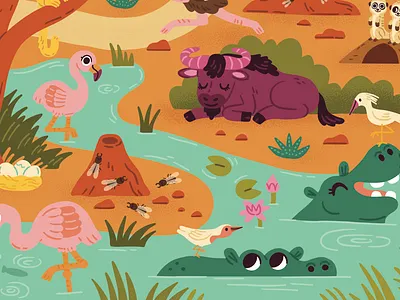 African animals having fun in the sun africa african bird cute drawing flamingo flowers hippo hippopotamus illustration meerkat river termite