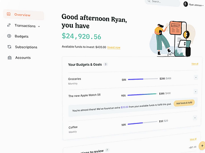Your financial overview app bank budget dashboard fab finance illustration invite ui ux web website white