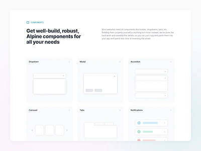 Alpine Components accordion alpine components design design system dropdown javascript js marketing page modal product design tabs toast