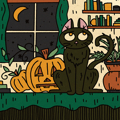 Moon Kitty autumn black cat books cartoon cat cozy fall halloween illustration inktober jack o lantern livingroom midnight moon moonlight october pumpkin spooktober spooky vintage