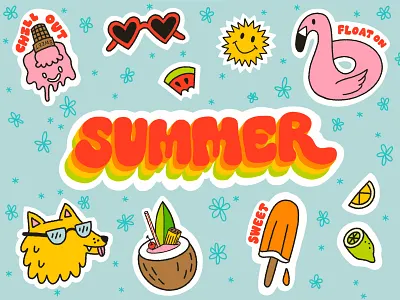 Summer Stickers chill out coconut coconut drink creamsicle design dog flamingo floatie golden retriever hand lettering heart glasses ice cream illustration popsicle retro retro type summer sun sunglasses watermelon