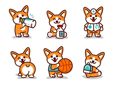 Chewy&Co - Category Poses animal branding cartoon character corgi digital doctor dog flat funny icon icons illustration logo mascot medicine pet play sport vector