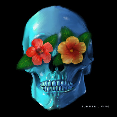 Summer Living Album album art artist artwork blue bones hibiscus illustration music oil oil paint skull skull and crossbones teeth