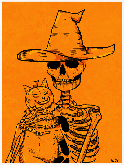 Hallows Eve Portrait art artist artwork black bones cat cute halloween ink jack o lantern kitty orange portrait scary skeleton skull skull and crossbones spooky witch witch hat