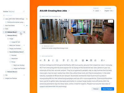 CMS - Editing Entries artificial intelligence augmented reality block blog content editor field filter format image machine learning markdown modular outline post rich text search ui ux