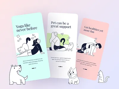 Yoga Onboarding App animal app cat character cute dog fitness healthy illustration kit minimal onboarding sport vector yoga