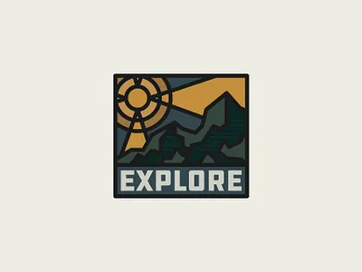 Explore badge adventure badge brand design draw drawing explore graphic design icon identity illustrate illustration logo mountain moutains nature outdoors sun wildlife