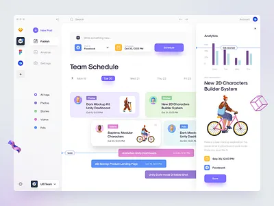 SMM – Social Media Management – App UI 3d analytics app avatar calendar card character chart clean illustration minimal nav bar schedule sidebar social ui ui design ui kit ux ux design
