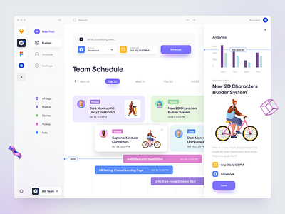 SMM – Social Media Management – App UI 3d analytics app avatar calendar card character chart clean illustration minimal nav bar schedule sidebar social ui ui design ui kit ux ux design