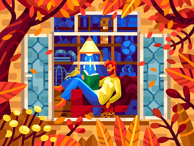 Time for reading autumnillustration autumnleaves autumnmood colorfulillustration cozy cozy place cozyhome fall flatdesign gallerythegame gamedesign october reading readingtime sofa vectorillustraion vectorillustration