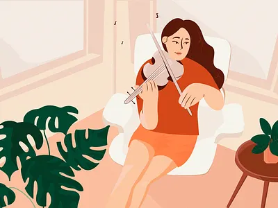 Violin art beautiful character color cute face girl graphic hair hand illustration music orange pastel plant vector violin violinist window woman