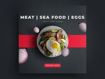 Meat | Sea Food | Eggs and bowl chicken color design drop shadow eggs good onion order now sea food skeuomorphic social media social media post tasty