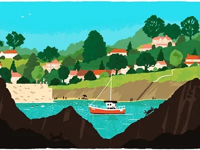 Polperro beach boat digital folioart holiday illustration landscape michael parkin