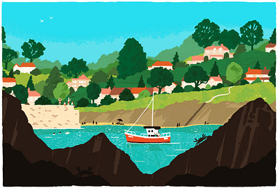 Polperro beach boat digital folioart holiday illustration landscape michael parkin