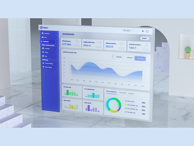 3D Computer data information app blue c4d card design ui