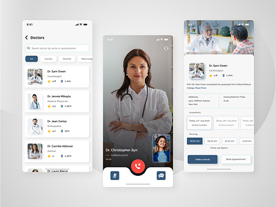 Doctor Consultation App appointment booking audio call card design card ui card view consultation design doctor app doctor appointment health app health care healthcare list view listing online doctor patient patient app telemedicine video call video calling