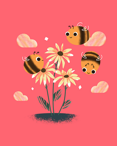 Bright bees bee bees buzz flowers illustration pink print texture