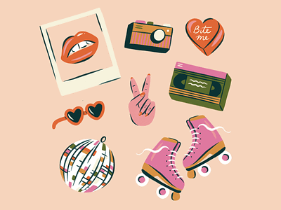 The 90s 90s design disco ball gouache hand drawn illustration illustrator lips procreate rollerblades stickers sunglasses vhs