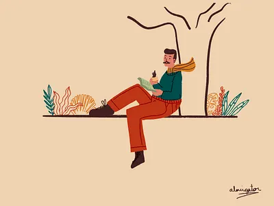 Autumn pastime // Weekly Warmup autumn book character coffee coffee cup dribbleweeklywarmup fall flower flowers illustration leaves plant plants procreate procreate art read reading scarf tree trees