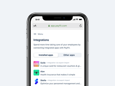 Integrations 🔗 access adaptative alan api app card design integrations interface ios light logo minimal mobile payfit product responsive skello swile