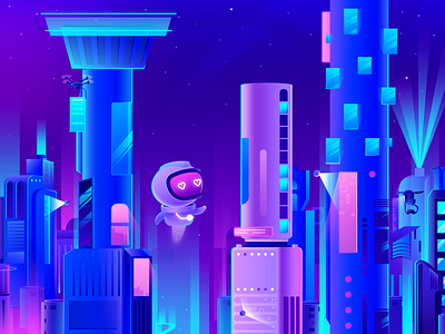 Robot in the city beauty city cyber drone glow illustration neon robot