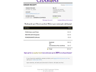Charon's Email Reciept branding daily ui dailyui dailyui017 dailyuichallenge design emailreceipt hadesgame ui ux uxui
