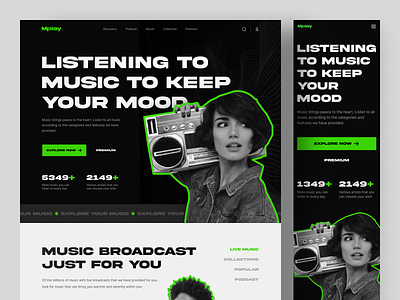 Mplay - Music Streaming Landing Page broadcast dark homepage landing page listening live music music app play player playlist song streaming ui uiux web design website website design