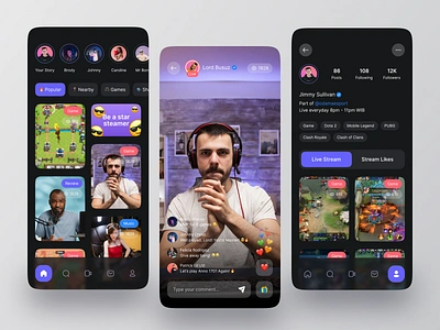 Streaming App Mobile Design card clean game game ui gamer games live live app live screen live stream live streaming mobile mobile app stream stream app streamer streaming streaming app twitch ui