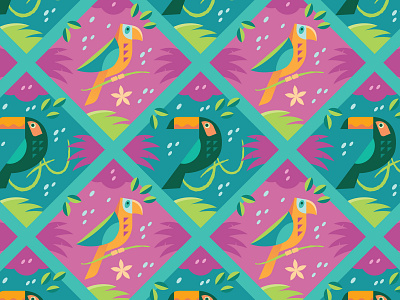 Jungle Bird Pattern animals birds digital fabric floral illustration jungle nature palm tree parrot pattern plants surface pattern textile tiles toucan vector wildlife