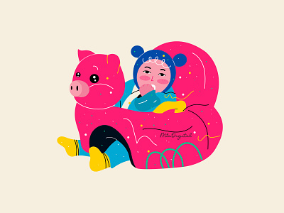 Cute baby in pig safe chair artwork baby child childhood children childrens illustration colorful colorfull cute design digital illustration drawing girl illustration kid lovely painting pig