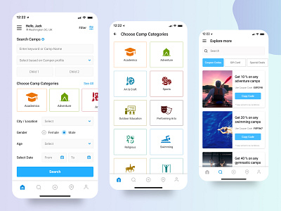 Camp Application UI - Search & Filter Camps academics adventure application camp campfire categories design filter mobile phone search