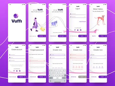 Authorization process at Vuffy app animal illustration dog illustration errors forgot password gratitude input fields ios app loading screen onboarding pet app puppy service design success user flow user profile welcome screen