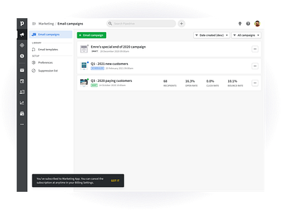 Pipedrive Marketing App app automation campaigns crm desktop email email campaign email marketing interface list mailigen marketing pipedrive product saas snackbar subscription ui ux